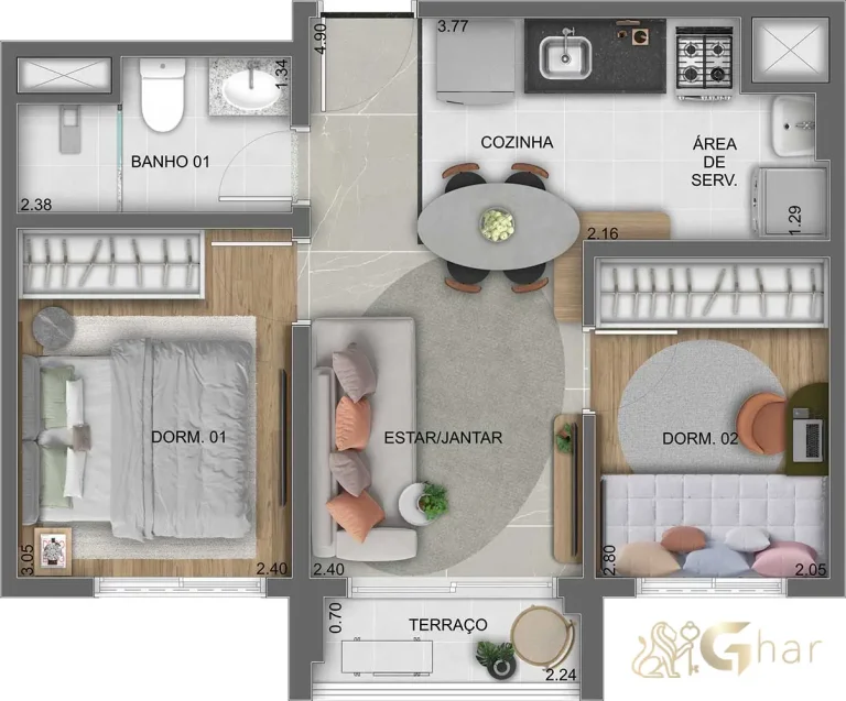 Planta apartamento compacto 38m² com 2 dormitórios no Lume House Vila Prudente