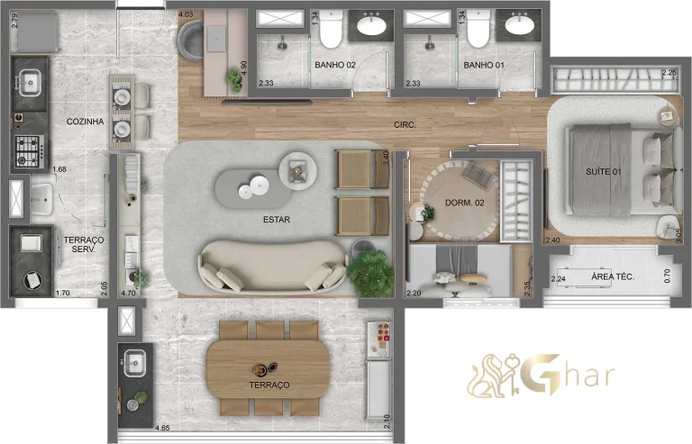 Planta apartamento 69m² com 2 dormitórios e 1 suíte no Lume House Vila Prudente