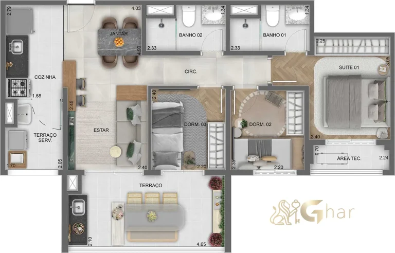 Planta apartamento 69m² com 3 dormitórios e 1 suíte no Lume House Vila Prudente