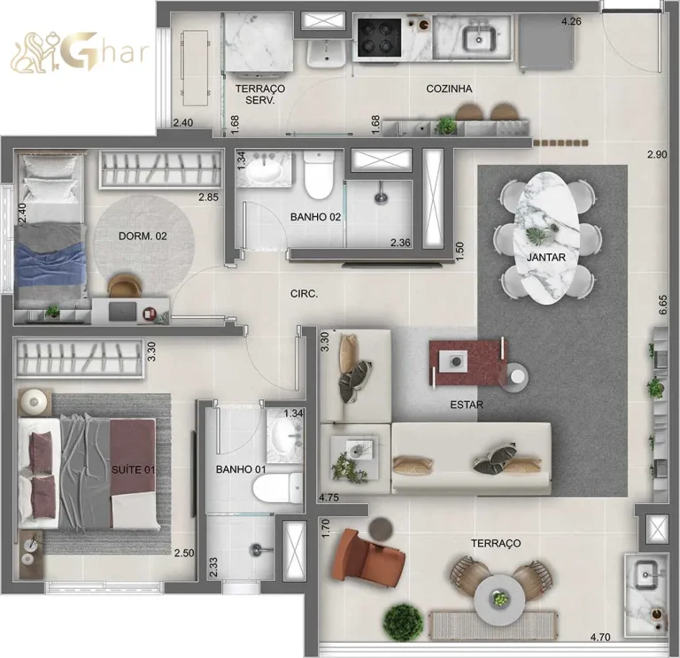 Planta apartamento 71m² com 2 dormitórios e 1 suíte no Lume House Vila Prudente