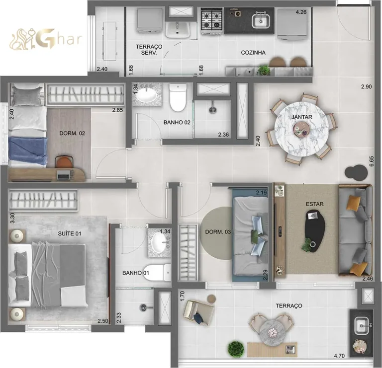 Planta apartamento 71m² com 3 dormitórios e 1 suíte no Lume House Vila Prudente