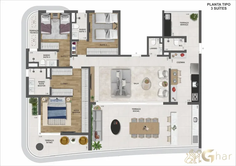 Planta apartamento 186 m² com 3 suítes no Lumina Tolle Santana em São Paulo