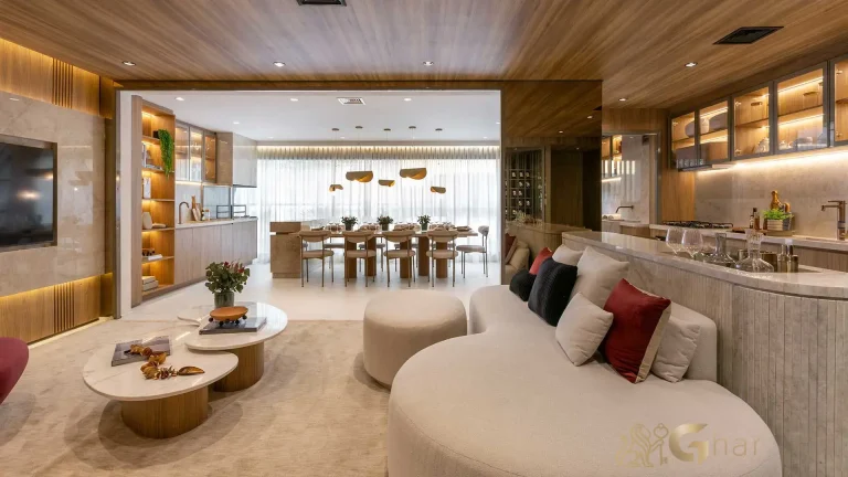 Sala living decorada apartamento 138m² MAC Brooklin alto padrão