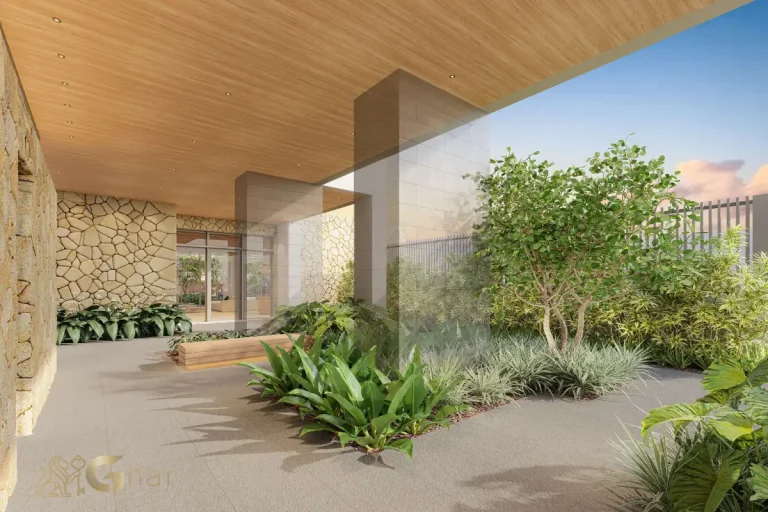 Praça de entrada elegante do condomínio MAC Brooklin apartamentos alto padrão