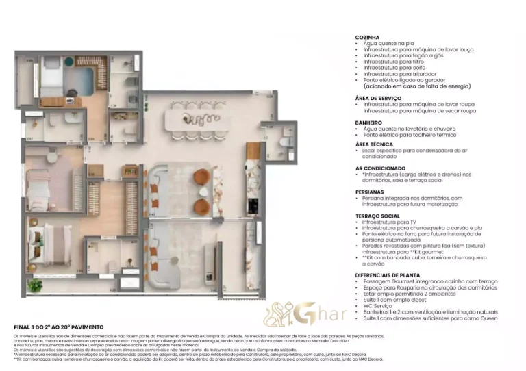 Planta apartamento 120m² 3 suítes cozinha aberta MAC Vila Clementino São Paulo