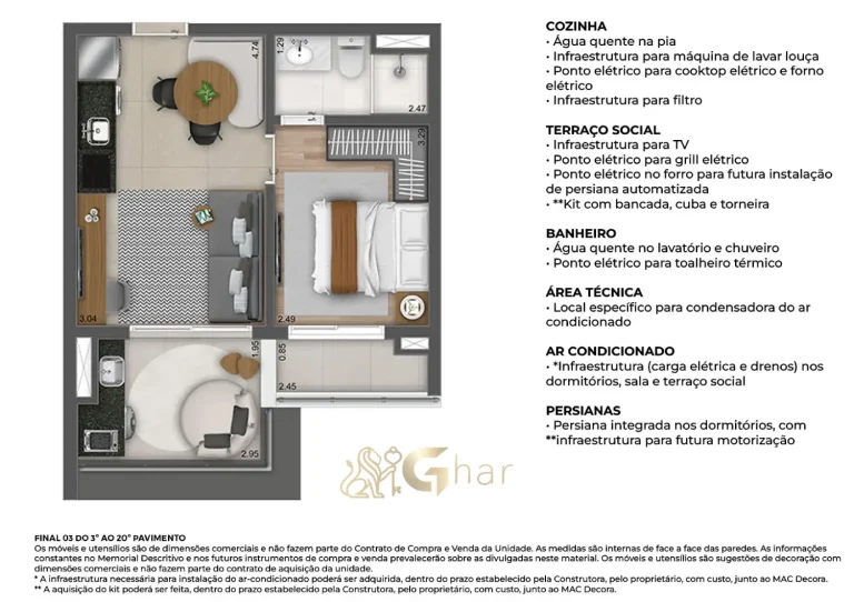 Planta apartamento 40m² 1 dormitório MAC Vila Mariana São Paulo
