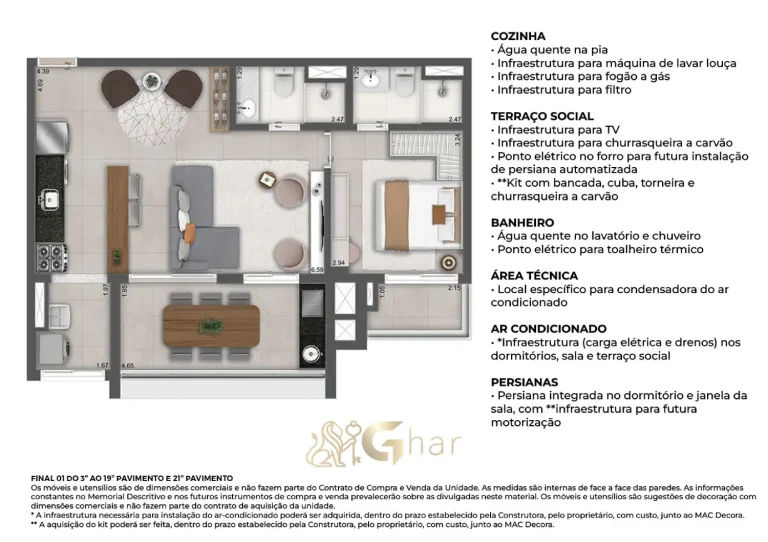Planta apartamento 69 a 70m² 1 suíte sala ampliada MAC Vila Mariana São Paulo