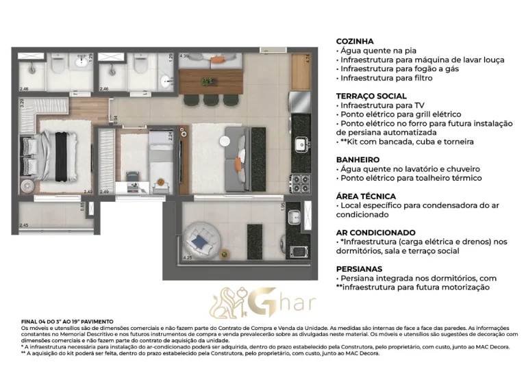 Planta apartamento 64m² 2 dormitórios 1 suíte MAC Vila Mariana São Paulo