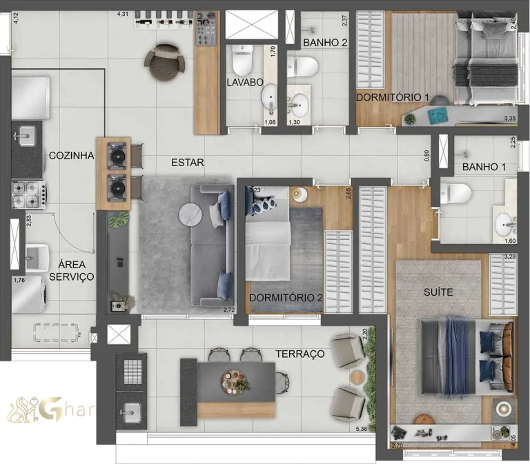 Planta apartamento 94m² padrão no Mooca Città Firenze
