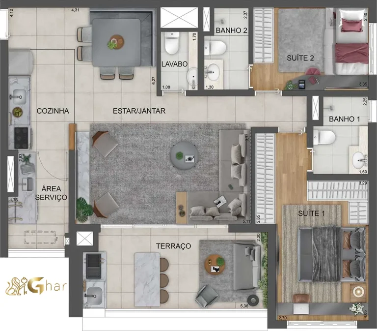 Planta apartamento 94m² com living ampliado no Mooca Città Firenze
