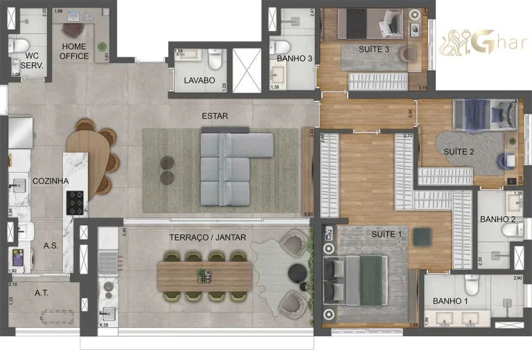 Planta apartamento 135m² com living ampliado no Mooca Città Milano