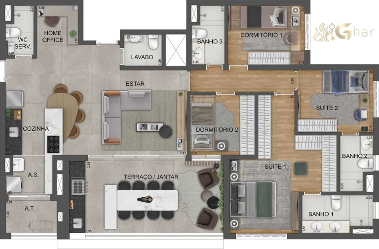 Planta apartamento 135m² padrão no Mooca Città Milano
