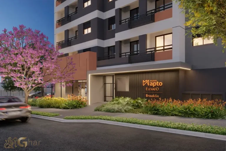 Fachada com portaria do Mundo Apto Elevato Brooklin em São Paulo