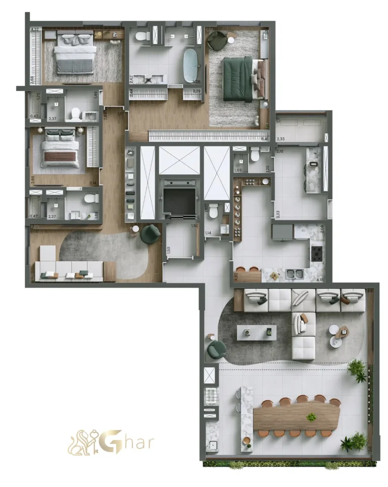 Planta de 208m² com 4 suítes no Nuv Moema