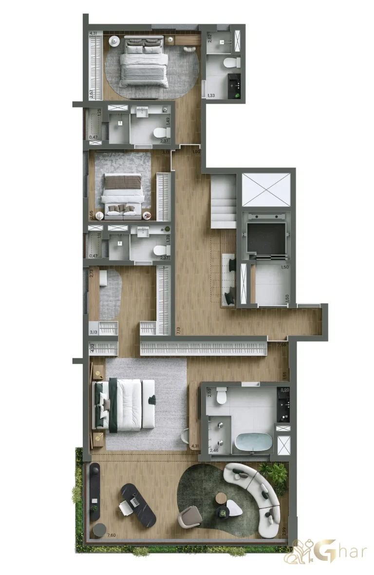 Planta inferior do duplex de 445m² com 4 suítes no Nuv Moema