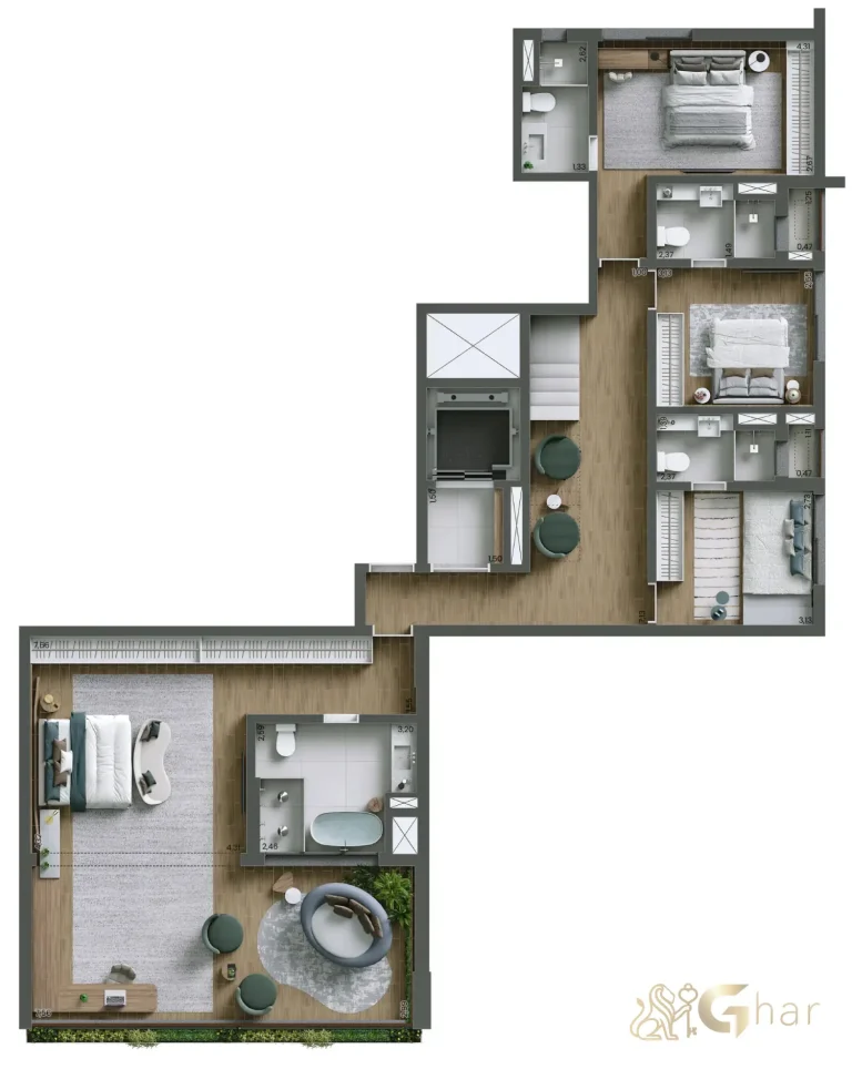 Pavimento inferior do duplex de 447m² com 4 suítes no Nuv Moema