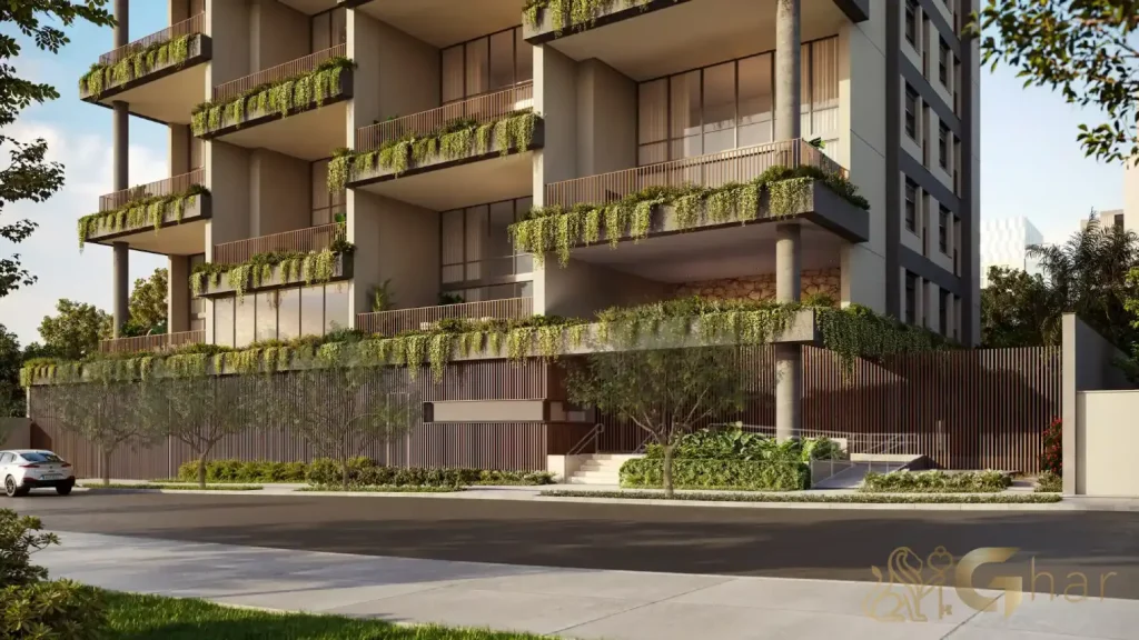 Entrada de pedestres do Nuv Moema com paisagismo elegante