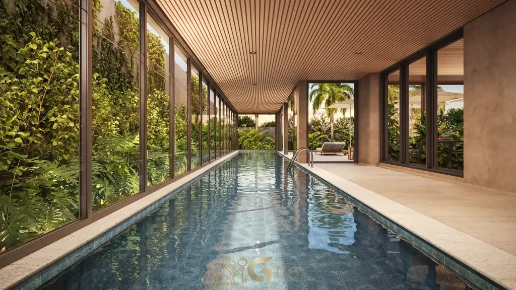 Vista da piscina coberta do Nuv Moema com iluminação suave