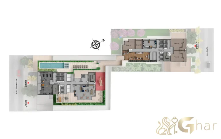 Planta de implantação do térreo com lazer no condomínio Peak Vila Olímpia