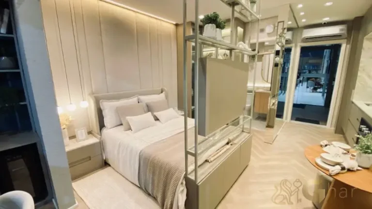 Dormitório do apartamento studio decorado de 26m² no Peak Vila Olímpia