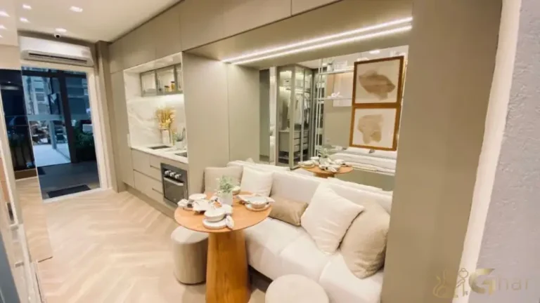 Living do apartamento studio decorado de 26m² no Peak Vila Olímpia