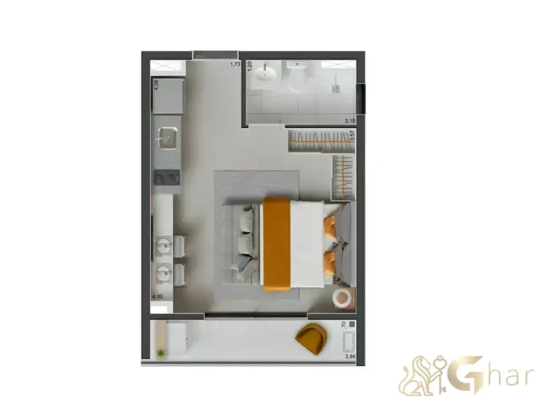 Planta do apartamento studio de 26m² no Peak Vila Olímpia