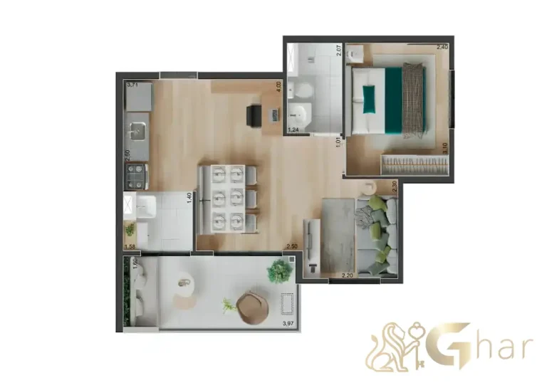 Planta do apartamento de 44m² com 1 dormitório e sala ampliada no Peak Vila Olímpia
