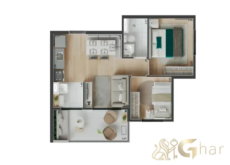 Planta do apartamento de 44m² com 2 dormitórios no Peak Vila Olímpia
