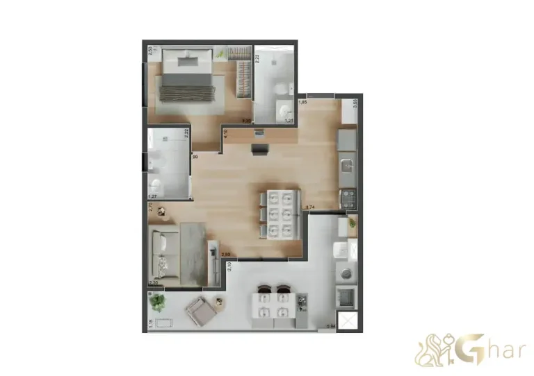Planta do apartamento de 61m² com 1 dormitório e sala ampliada no Peak Vila Olímpia