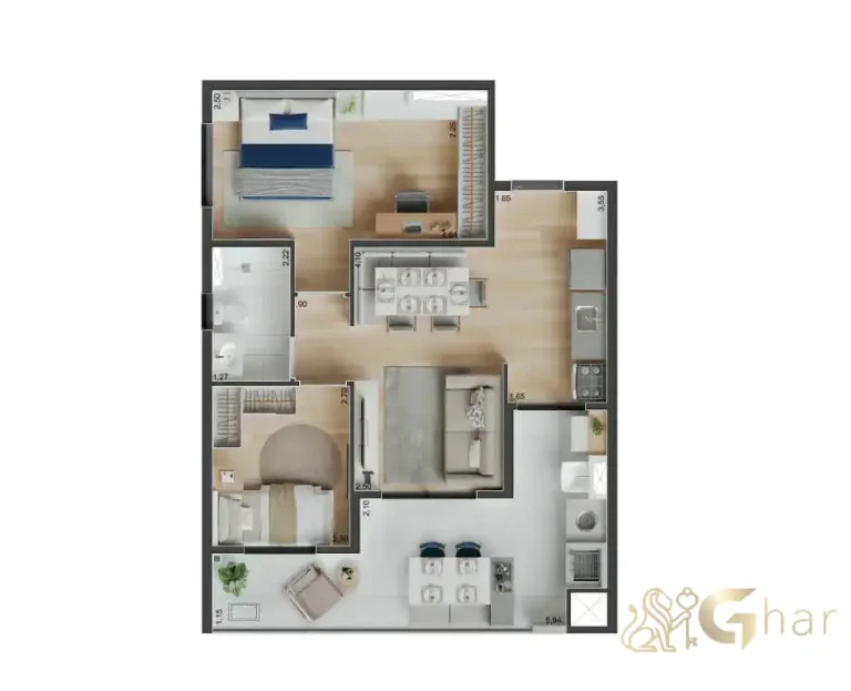 Planta do apartamento de 61m² com 2 dormitórios e closet no Peak Vila Olímpia
