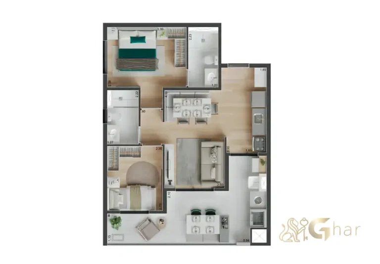 Planta do apartamento de 61m² com 2 dormitórios e suíte no Peak Vila Olímpia