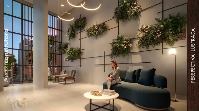 Lobby sofisticado do condomínio Peak Vila Olímpia