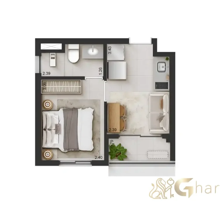 Planta de apartamento compacto 24 m² final 3 no QG Cardoso de Melo Vila Olímpia