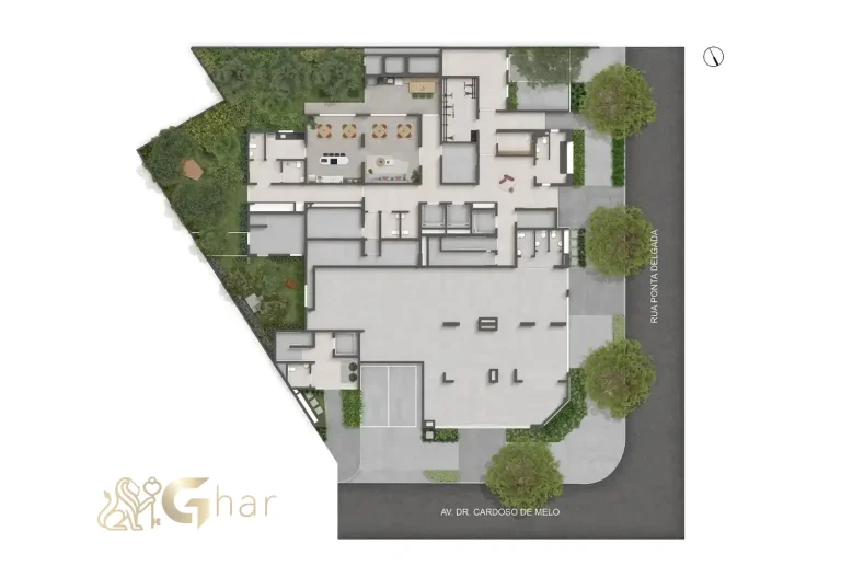 Planta do térreo no QG Cardoso de Melo Vila Olímpia São Paulo