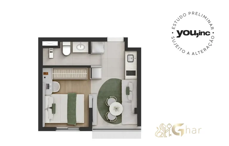 Planta do apartamento 1 dormitório no QG Vila Nova Conceição by You,Inc em São Paulo