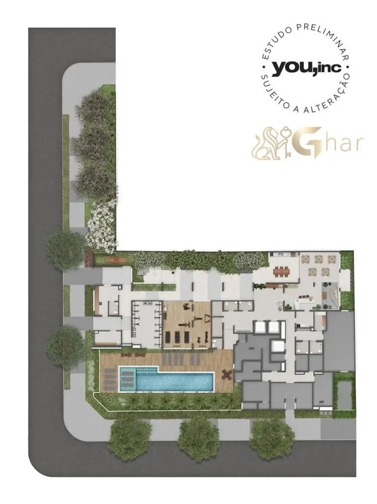 Planta do térreo com áreas de lazer no QG Vila Nova Conceição by You,Inc em São Paulo