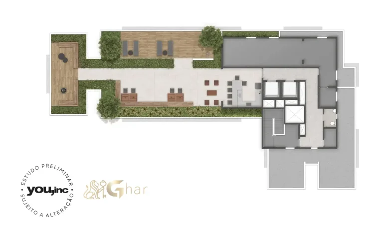 Planta do rooftop com lazer na cobertura do QG Vila Nova Conceição by You,Inc