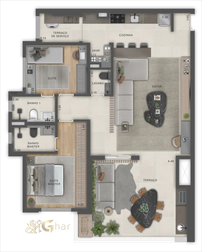 Planta apartamento 109 m² 2 suítes no Recanto Oliveiras Jardim das Perdizes