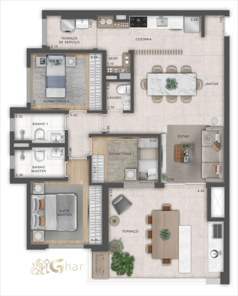 Planta apartamento 109 m² 3 dormitórios no Recanto Oliveiras Jardim das Perdizes