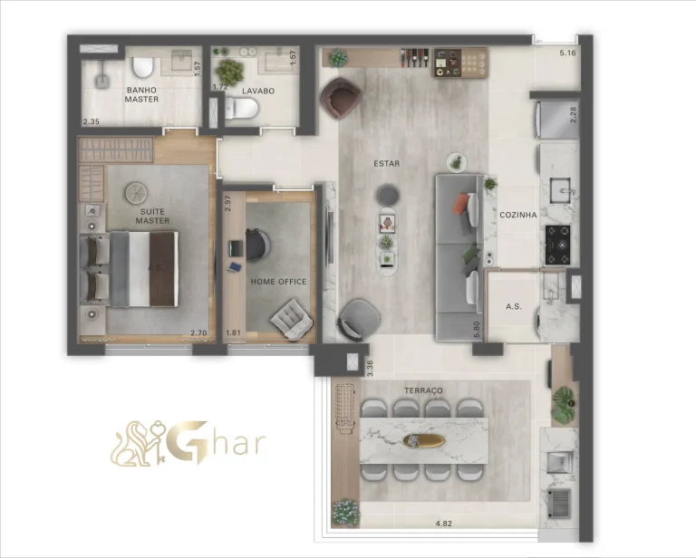 Planta apartamento 81 m² 1 suíte no Recanto Oliveiras Jardim das Perdizes