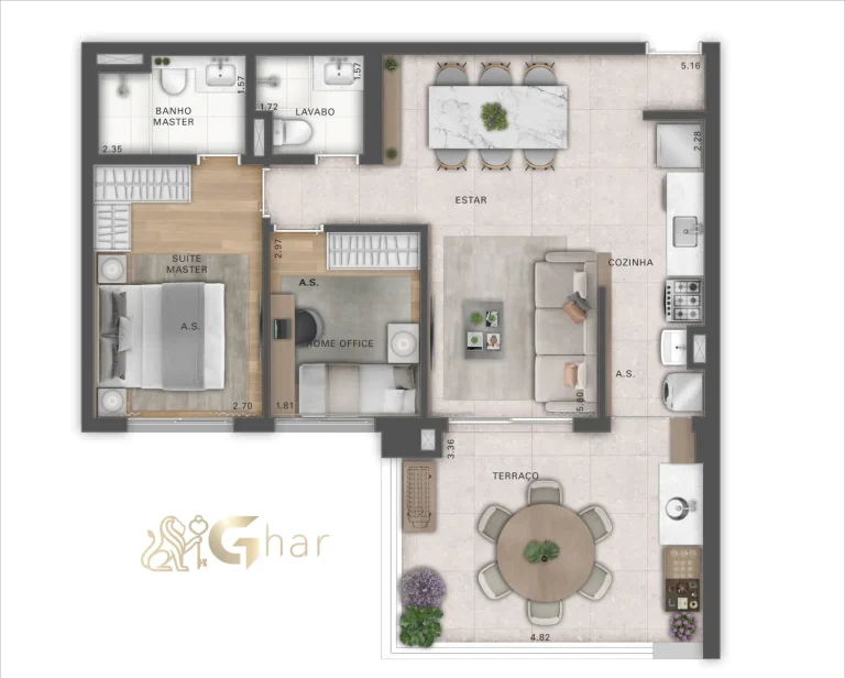 Planta apartamento 81 m² 2 dormitórios no Recanto Oliveiras Jardim das Perdizes