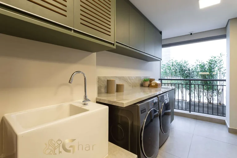 Área de serviço no apartamento decorado do Reserva Figueiras Jardim das Perdizes