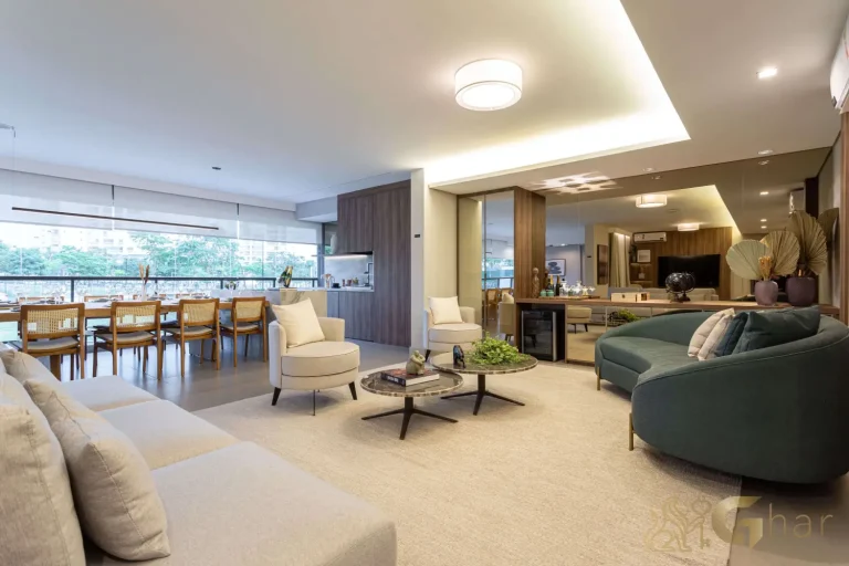 Sala integrada à varanda no apartamento decorado Reserva Figueiras Jardim das Perdizes