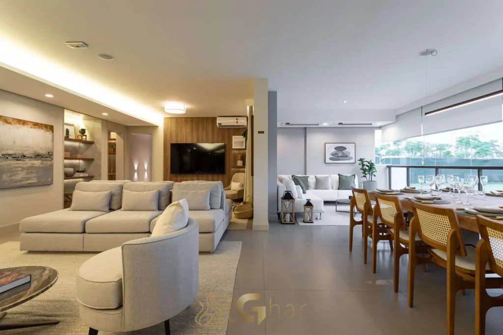 Sala integrada com varanda no apartamento decorado Reserva Figueiras Jardim das Perdizes