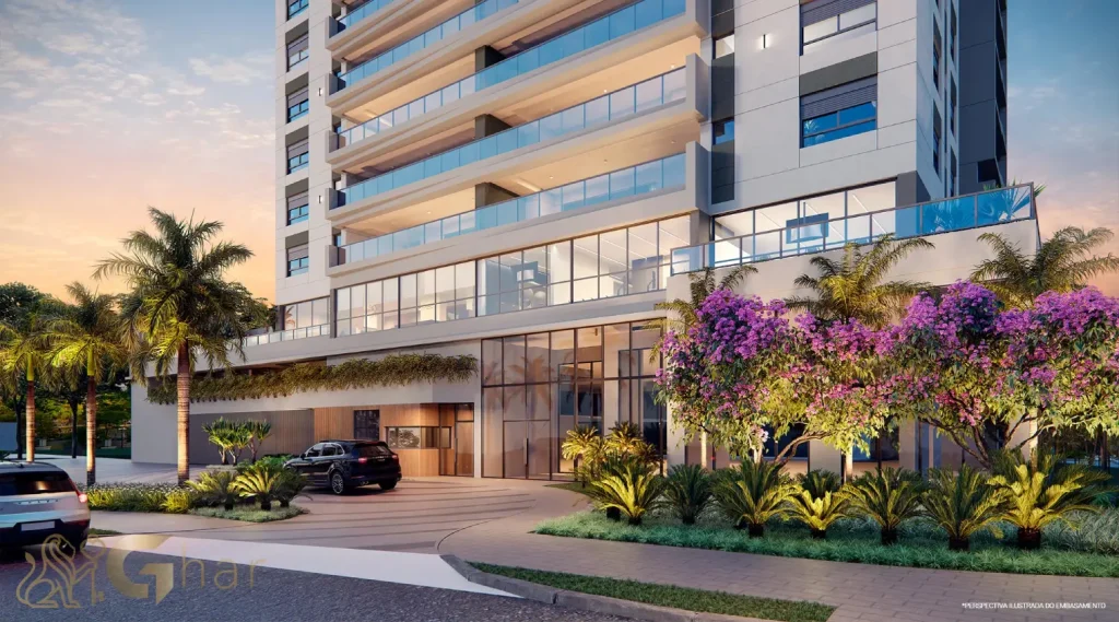 Fachada com portaria do condomínio Reserva Figueiras Jardim das Perdizes