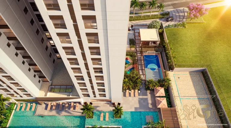 Vista aérea da fachada com lazer no Reserva Figueiras Jardim das Perdizes