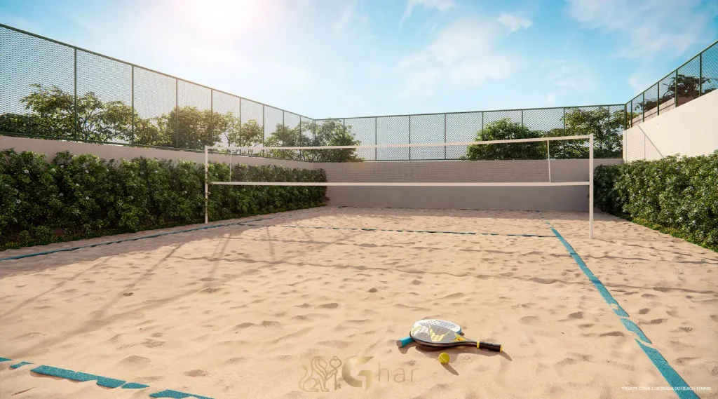 Quadra de beach tennis no Reserva Figueiras Jardim das Perdizes