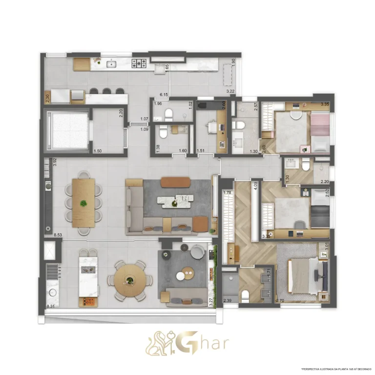 Planta do apartamento 165m² com 3 suítes no Reserva Figueiras
