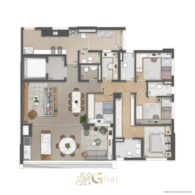 Planta do apartamento 165m² com 4 dormitórios e 2 suítes no Reserva Figueiras