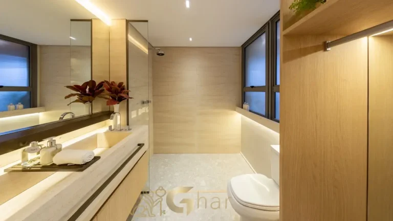 Banheiro suíte casal apartamento decorado Reserva Flamboyant Jardim das Perdizes